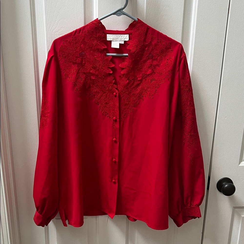 Vintage Elegant Red Lace Women's Button Up Blouse